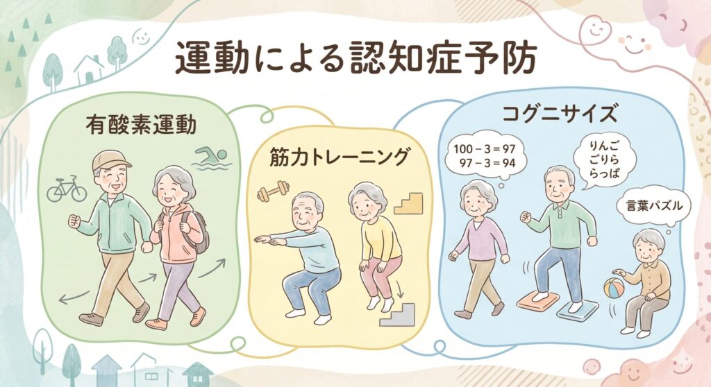 【画像】コグニサイズの実践例3パターン（ウォーキング＋計算、ステップ＋しりとりなど）