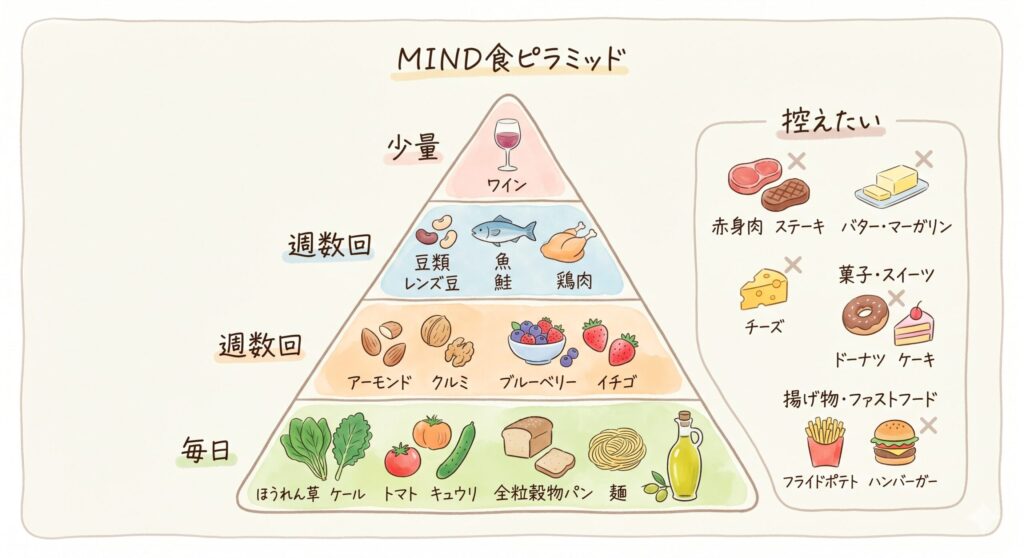 ③ 食事による認知症予防｜MIND食・地中海食のエビデンスと実践メニュー

▼ ダイレクトアンサー
「MIND食」は地中海食とDASH食を組み合わせた食事法で、米国ラッシュ大学の前向きコホート研究では、最も忠実に実践した群はアルツハイマー型認知症の発症リスクが約53%低下しました（Morris MC, et al. Alzheimer's & Dementia 2015）。

MIND食（Mediterranean-DASH Intervention for Neurodegenerative Delay）は、米国ラッシュ大学医療センターの研究グループが提唱した認知症予防のための食事法です。地中海食（魚・オリーブオイル・ナッツ）と高血圧予防食であるDASH食を組み合わせ、特に脳に良い10の食品群を増やし、避けるべき5つの食品群を減らすという構成です。

MIND食で増やしたい食品：緑黄色野菜（特に葉物野菜）、その他の野菜、ナッツ類、ベリー類、豆類、全粒穀物、魚、鶏肉、オリーブオイル、ワイン（少量）

MIND食で控えたい食品：赤身肉、バター・マーガリン、チーズ、菓子・スイーツ、揚げ物・ファストフード