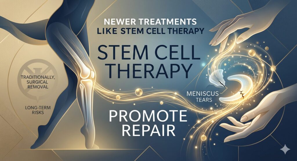 The meniscus has a poor blood supply, especially in the inner region, making it difficult to heal naturally. This is the main reason meniscus tears are hard to recover from. Traditionally, surgical removal of the damaged tissue was performed, but due to long-term risks, newer treatments like stem cell therapy that promote repair are gaining attention.