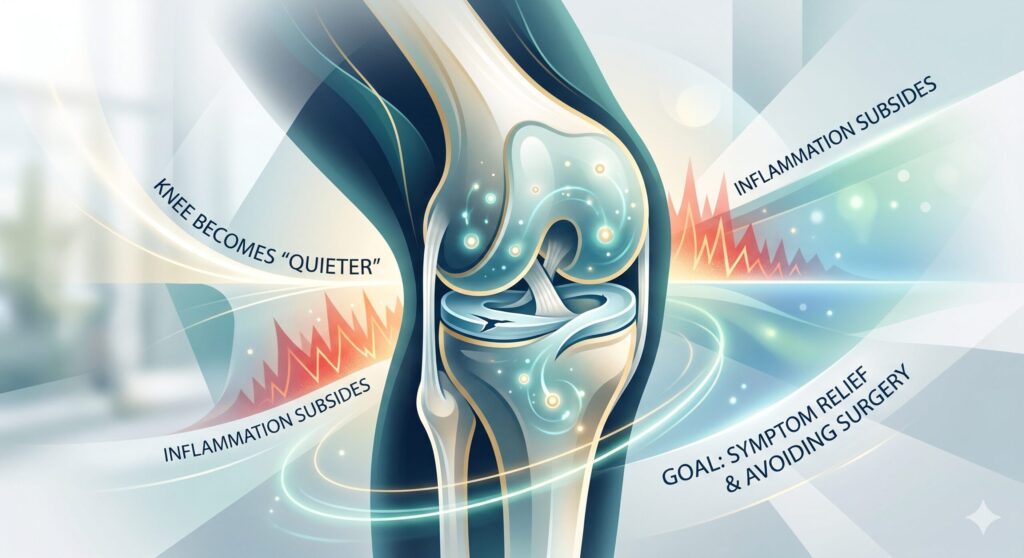 With stem cell therapy, the meniscus tear often remains visible on MRI, but inflammation subsides and the knee becomes “quieter,” leading to significant improvements in pain and range of motion. The goal is not complete structural repair, but symptom relief and avoiding surgery.
