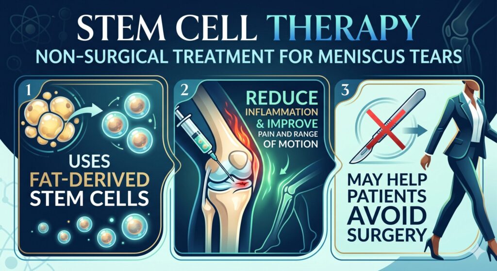 Stem cell therapy is a non-surgical treatment for meniscus tears that uses fat-derived stem cells to reduce inflammation and improve pain and range of motion. It does not directly repair the tissue, but it may help patients avoid surgery.