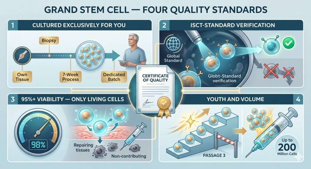 Cultured Exclusively for You. Grand Stem Cells are never stocked and never pooled. Cells are expanded from the patient's own tissue over a seven-week culture process, with every batch dedicated to one patient only.

ISCT-Standard Verification. Surface-marker testing follows the global standard of the International Society for Cell & Gene Therapy (ISCT). Cells that do not meet the defining mesenchymal stem cell criteria are discarded, not delivered.

95%+ Viability — Only Living Cells. Dead or degraded cells do not contribute to repair. Viability is verified at greater than 95% immediately before administration, with quality control continuing up to the moment of injection.

Youth and Volume, Without Compromise. Stem cells age with each passage. Grand Stem Cells are strictly limited to Passage 3 or below, while scaling up to as many as 200 million cells per treatment — preserving regenerative capacity without sacrificing dose.