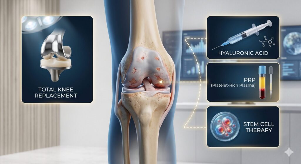 f your knee hurts every time you walk up stairs, every morning when you get out of bed, or every time the weather changes — you already know that "just take it easy" is not an answer. You have probably tried braces, ice, physical therapy, maybe hyaluronic acid injections or a steroid shot. And at some point, the conversation with your orthopedic surgeon drifts toward total knee replacement.

Before you agree to surgery, it is worth knowing what else exists in 2026 — and being honest about what each option can and cannot do. Knee replacement is a genuinely life-changing operation for severe arthritis, but it involves hospital stays, months of rehabilitation, and a small but real risk of infection and reoperation. At the same time, conservative options are not all equal: hyaluronic acid, platelet-rich plasma (PRP), and stem cell therapy rest on very different evidence bases.

This article compares all four — total knee replacement, hyaluronic acid, PRP, and stem cell therapy — using only peer-reviewed human data published through 2025. The goal is not to push one answer. It is to help you talk to your doctor from a position of real information.