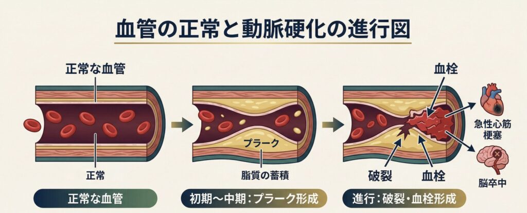 血管の正常と動脈硬化の進行図
