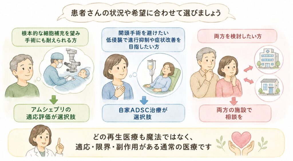 患者さんが選択するときの考え方

どちらが優れている、という単純な話ではありません。患者さんの病状・進行度・全身状態・希望（侵襲性をどこまで受け入れるか）・通院可能性・費用面で、適した選択は変わります。

進行期で薬が効きにくく、根本的な細胞補充を望み、手術にも耐えられる方 → アムシェプリの適応評価が選択肢

開頭手術を避けたい、進行抑制と症状改善を低侵襲で狙いたい方 → 自家ADSC治療が選択肢

両方を検討したい方 → アムシェプリ施設と再生医療クリニックの両方で相談を

「どの再生医療も魔法ではなく、適応・限界・副作用がある通常の医療」——これは強調しておくべき点で