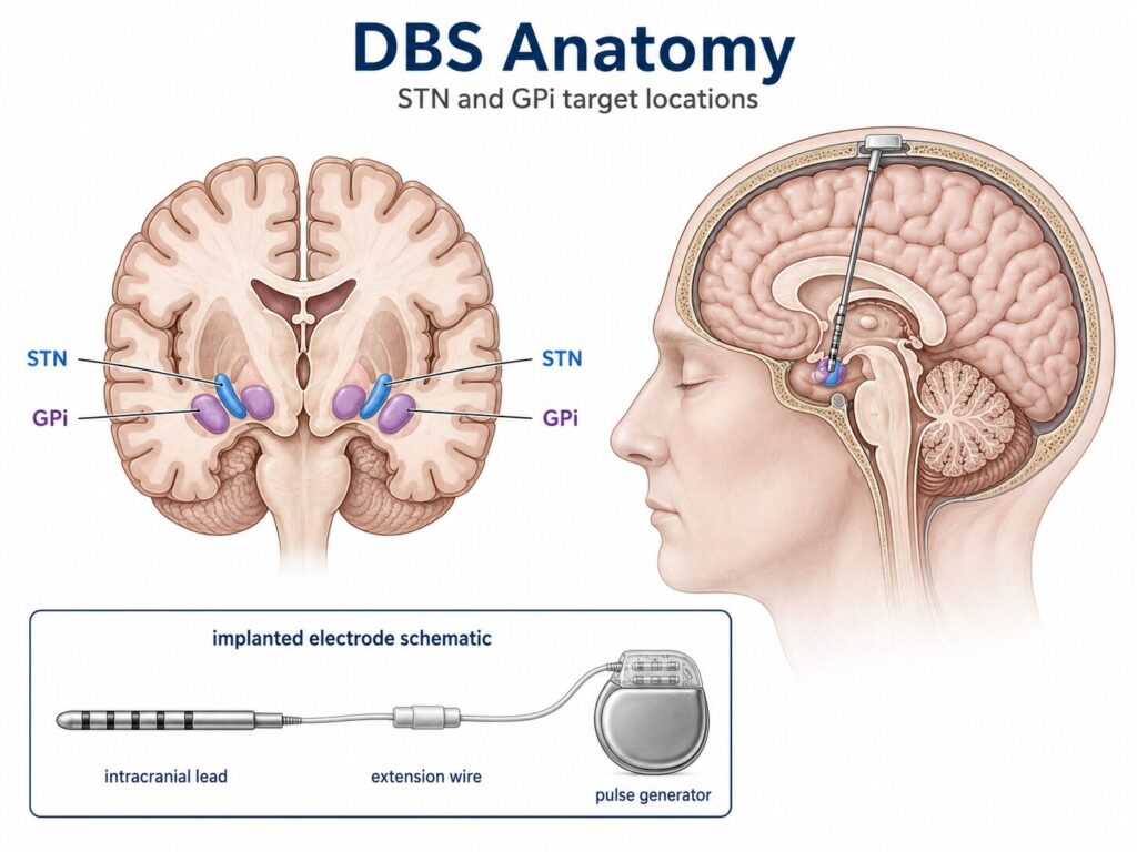 Deep brain stimulation (DBS) delivers continuous electrical pulses to deep brain nuclei — most commonly the subthalamic nucleus (STN) or globus pallidus internus (GPi)