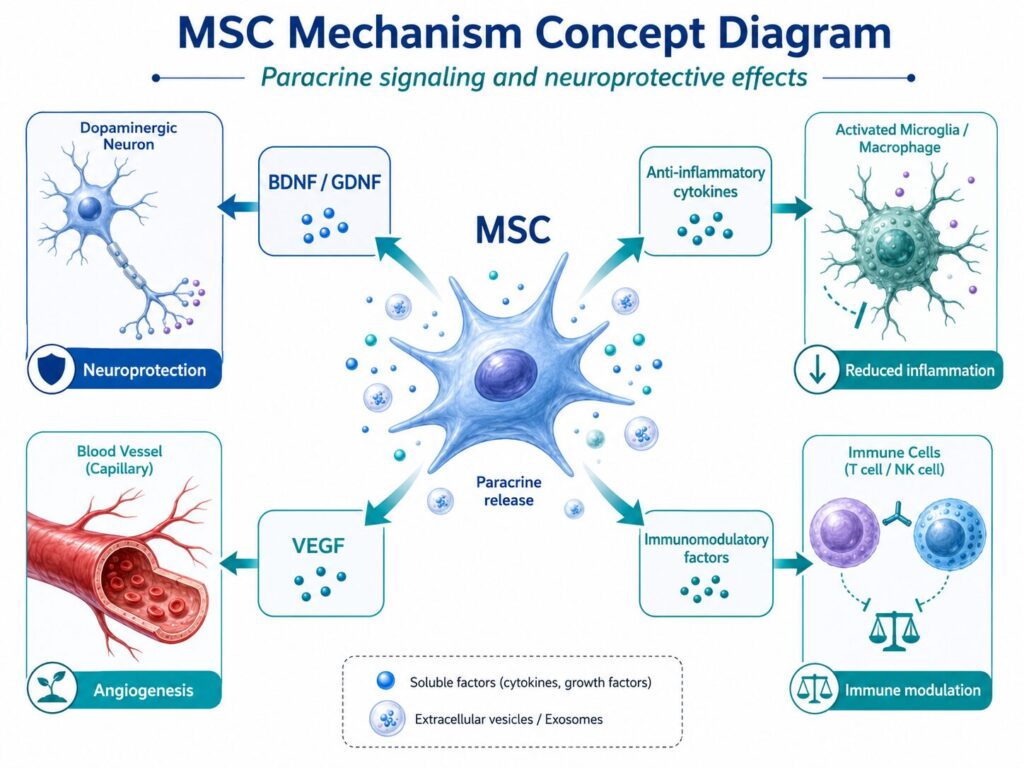 MSC mechanism concept diagram: paracrine release of BDNF/GDNF, anti-inflammatory cytokines, VEGF, and immunomodulatory factors