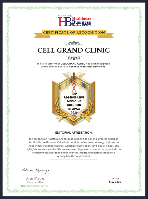 荣誉证书：2026 年亚太顶尖再生医学解决方案 — CELL GRAND CLINIC，由 Healthcare Business Review APAC 颁发
