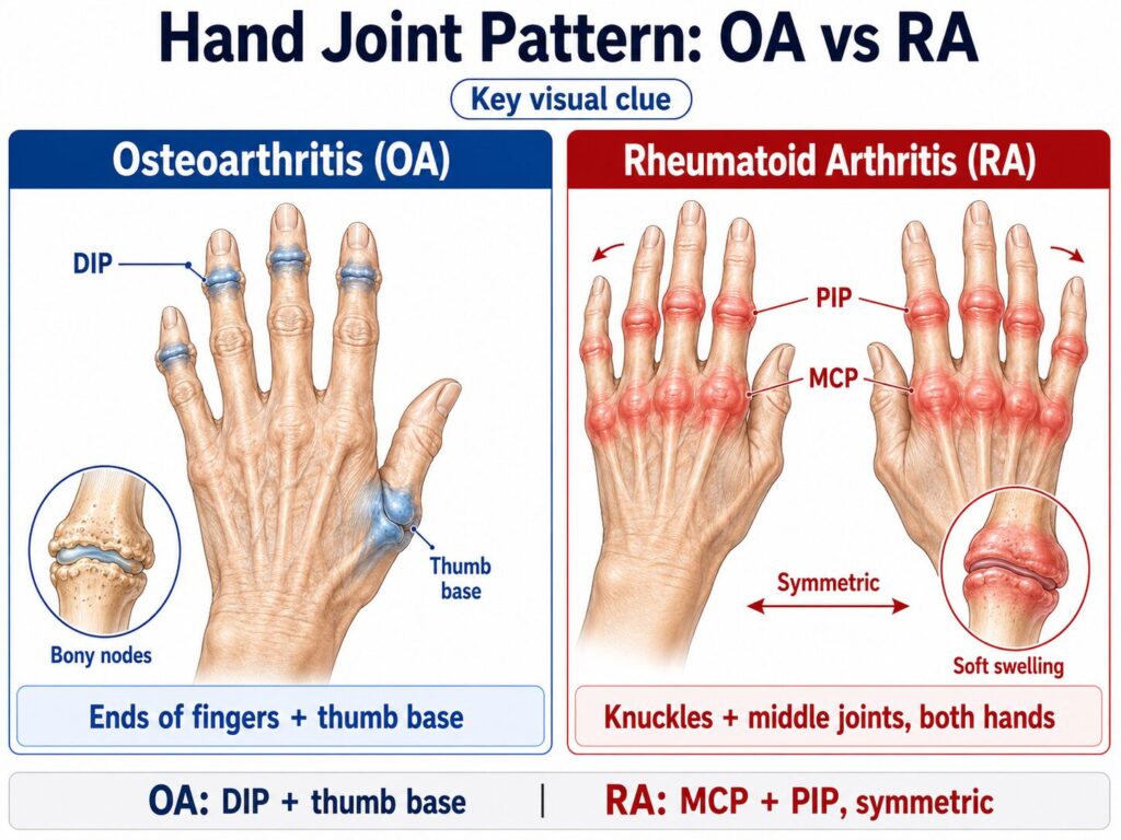 Hand joint pattern in OA and RA.