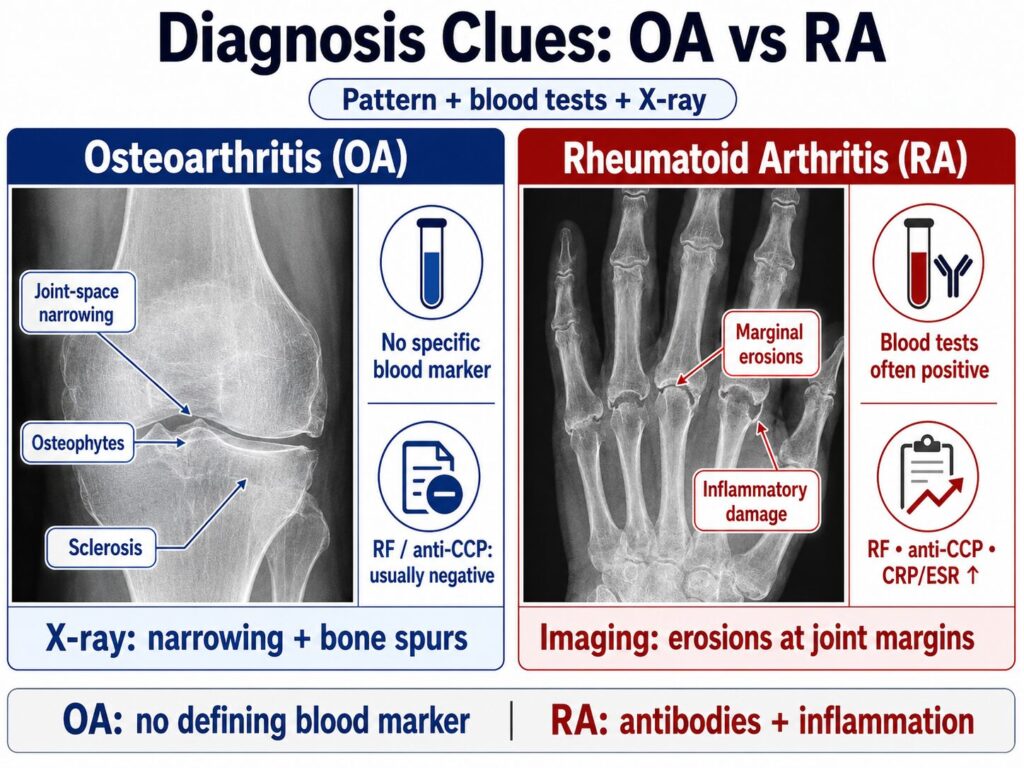 Diagnosis Difference between OA and RA in Blood Tests and X-ray.