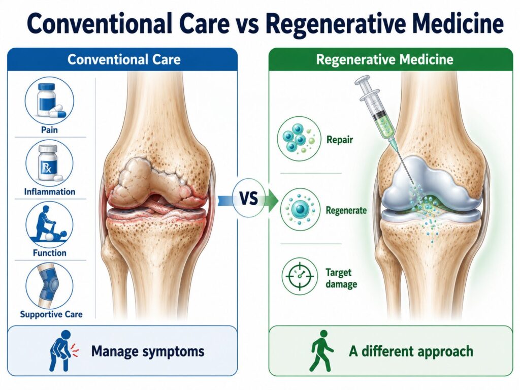 Treatment Options: Conventional treatment vs mesenchymal stem cell (MSC) therapy.