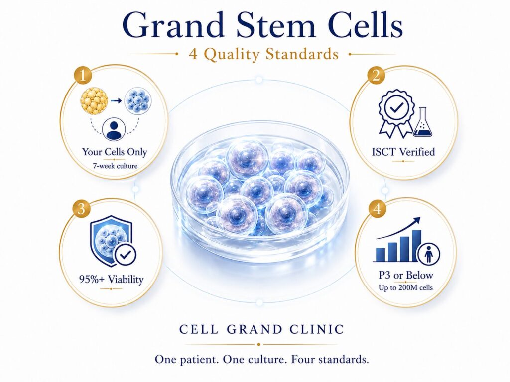 Grand Stem Cells — cultured exclusively for one patient, never pooled or off-the-shelf. Four standards define them.
