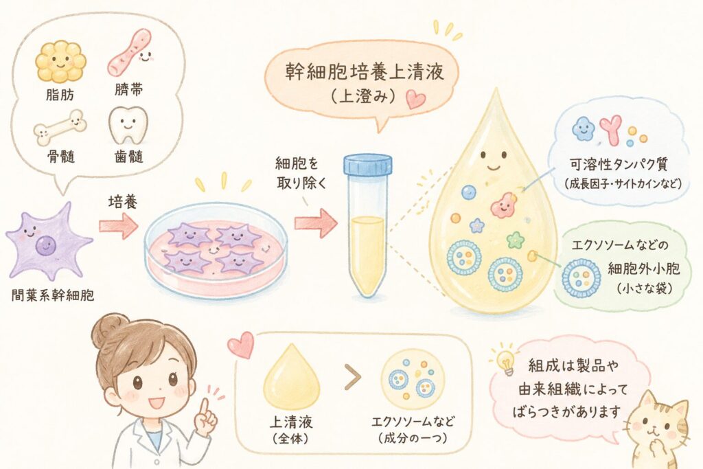 幹細胞培養上清液（かんさいぼうばいようじょうせいえき）は、脂肪・臍帯・骨髄・歯髄などに存在する間葉系幹細胞を培養したあと、細胞を取り除いて得られる液体です。読み方が難しく感じられますが、要は「幹細胞が働いた後に残る、成分だけの上澄み」と考えるとわかりやすいでしょう。

この上澄みには、細胞どうしの連絡役として働く分子が多く含まれます。間葉系幹細胞の分泌物（secretome）は、成長因子やサイトカインといった可溶性のタンパク質と、エクソソームなどの細胞外小胞（細胞が放出する小さな袋）からなると総説で整理されています（published in Stem Cells International）。さらに、脂肪由来幹細胞の上清を調べた研究では、測定した200種類の因子のうち104種類が検出され、平均約190ナノメートルの細胞外小胞が含まれていたと報告されています（Stem Cells International）。

ここで押さえたいのは、エクソソームは「上清液そのもの」ではなく、上清液に含まれる成分の一つだということです。この関係は誤解されやすいので、次章で整理します。また、こうした組成は製品や由来組織によってばらつく点にも注意が必要です。