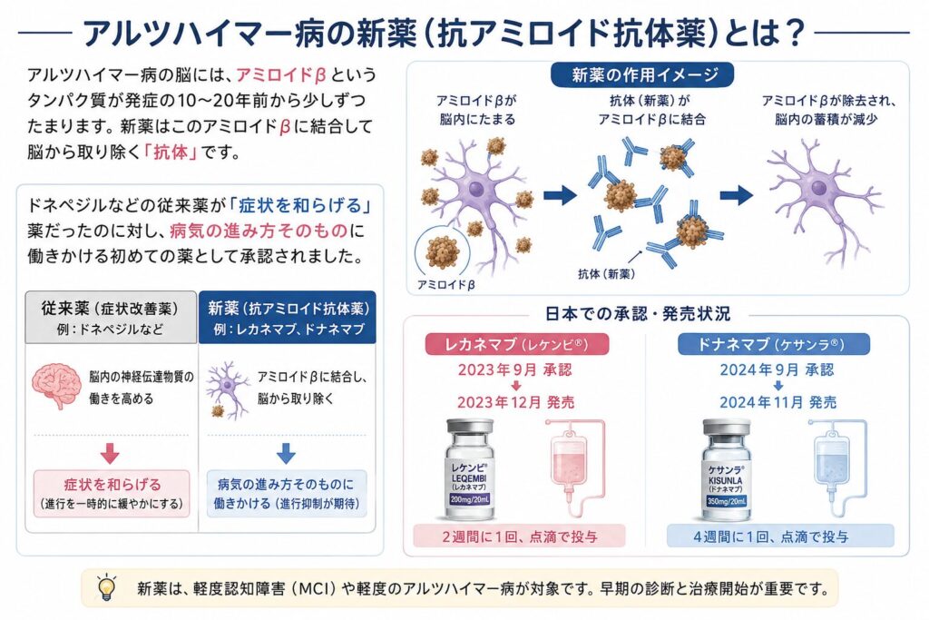 アルツハイマー病の脳には、アミロイドβというタンパク質が発症の10〜20年前から少しずつたまります。新薬はこのアミロイドβに結合して脳から取り除く「抗体」です。ドネペジルなどの従来薬が「症状を和らげる」薬だったのに対し、病気の進み方そのものに働きかける初めての薬として承認されました。日本ではレカネマブが2023年9月に承認され同年12月に発売、ドナネマブが2024年9月に承認され同年11月に発売されています。