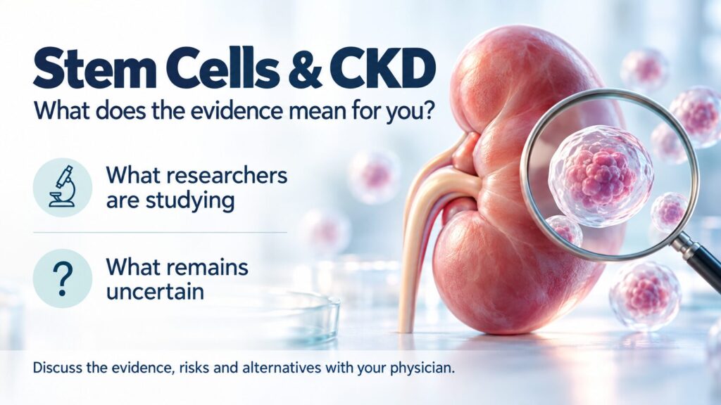 Kidney and stem cell illustration introducing CKD research evidence and uncertainties.