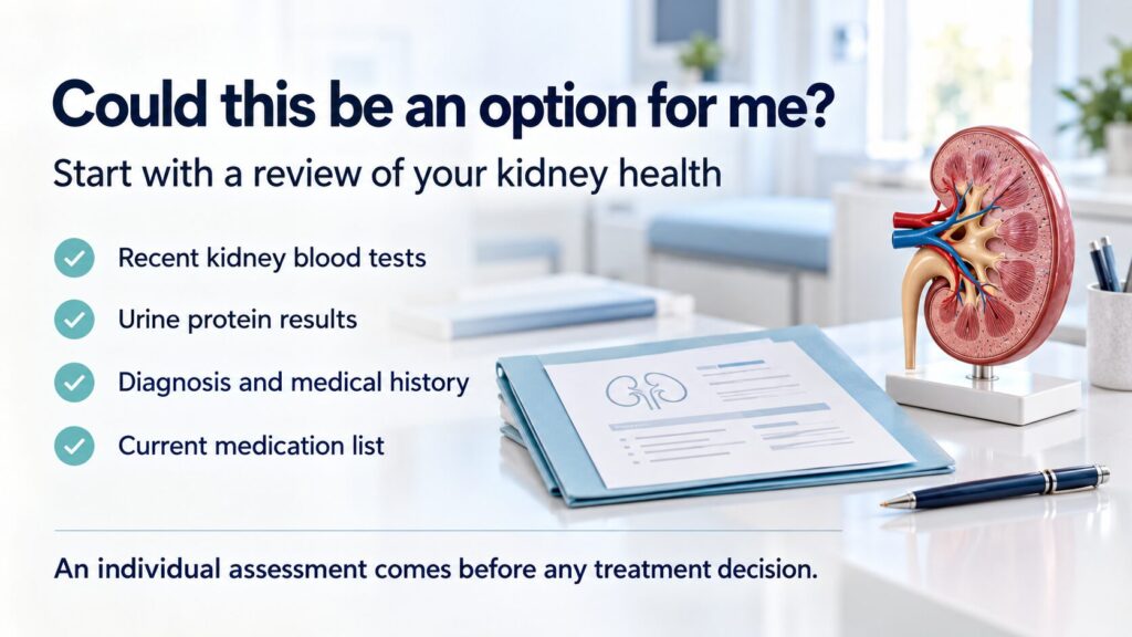 Kidney consultation checklist: recent blood tests, urine protein results, medical history and medications